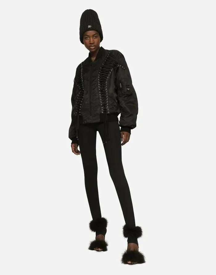 Dolce and Gabbana Coats And Jackets Women Technical Fabric Bomber Jacket With Laces And Eyelets Black Dolce and Gabbana Coats And Jackets Women Technical Fabric Bomber Jacket With Laces And Eyelets Black