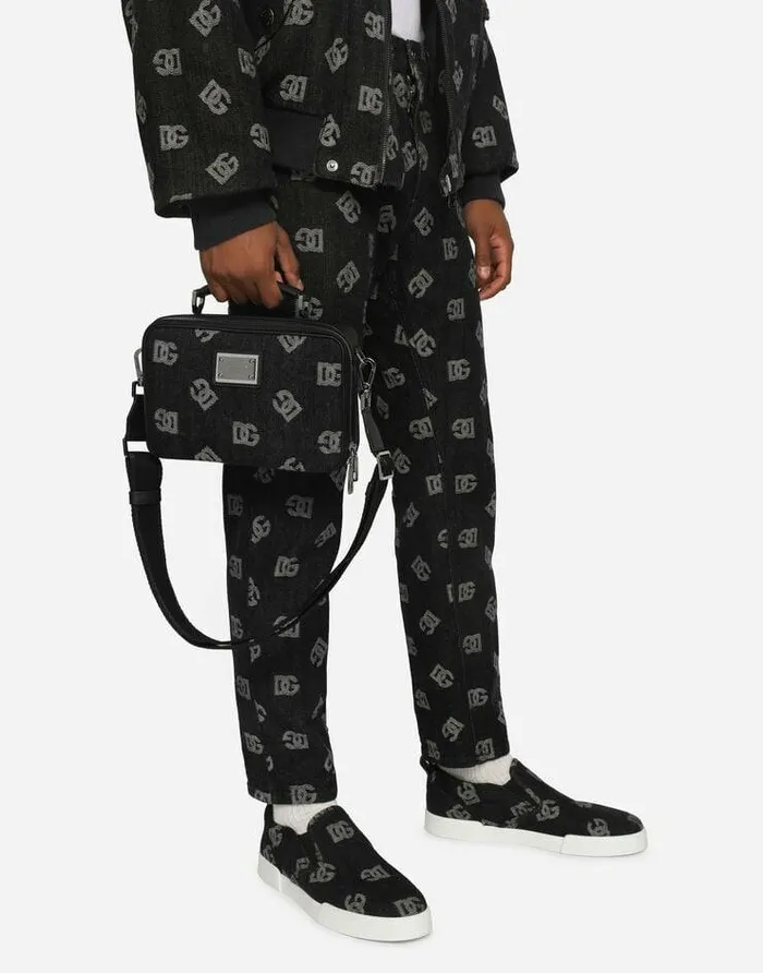 Dolce and Gabbana Crossbody Bags Men Calfskin And Denim Crossbody Bag With Logo Blue Dolce and Gabbana Crossbody Bags Men Calfskin And Denim Crossbody Bag With Logo Blue