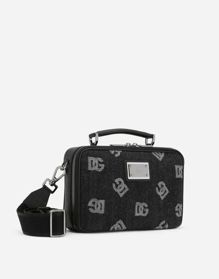 Dolce and Gabbana Crossbody Bags Men Calfskin And Denim Crossbody Bag With Logo Blue Dolce and Gabbana Crossbody Bags Men Calfskin And Denim Crossbody Bag With Logo Blue