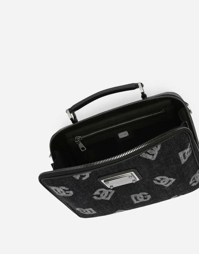 Dolce and Gabbana Crossbody Bags Men Calfskin And Denim Crossbody Bag With Logo Blue Dolce and Gabbana Crossbody Bags Men Calfskin And Denim Crossbody Bag With Logo Blue