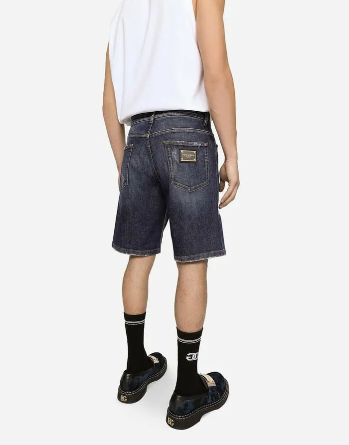 Dolce and Gabbana Denim Men Blue Denim Shorts With Rips And Embroidery Multicolor Dolce and Gabbana Denim Men Blue Denim Shorts With Rips And Embroidery Multicolor