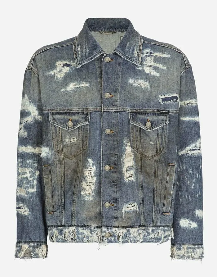 Dolce and Gabbana Denim Men Blue Wash Denim Jacket With Rips Multicolor