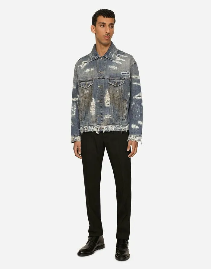 Dolce and Gabbana Denim Men Blue Wash Denim Jacket With Rips Multicolor Dolce and Gabbana Denim Men Blue Wash Denim Jacket With Rips Multicolor