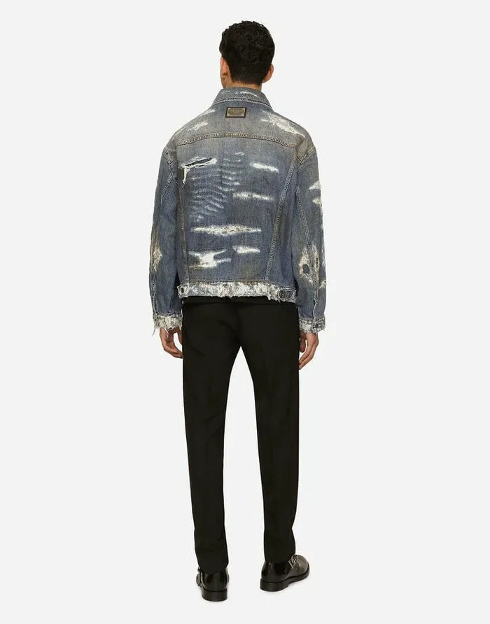 Dolce and Gabbana Denim Men Blue Wash Denim Jacket With Rips Multicolor Dolce and Gabbana Denim Men Blue Wash Denim Jacket With Rips Multicolor