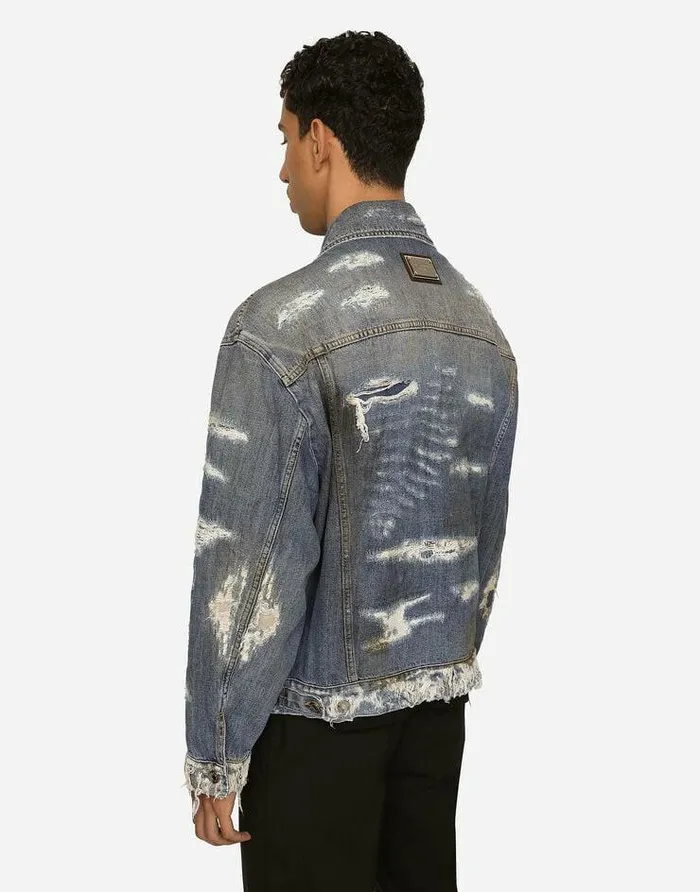 Dolce and Gabbana Denim Men Blue Wash Denim Jacket With Rips Multicolor Dolce and Gabbana Denim Men Blue Wash Denim Jacket With Rips Multicolor
