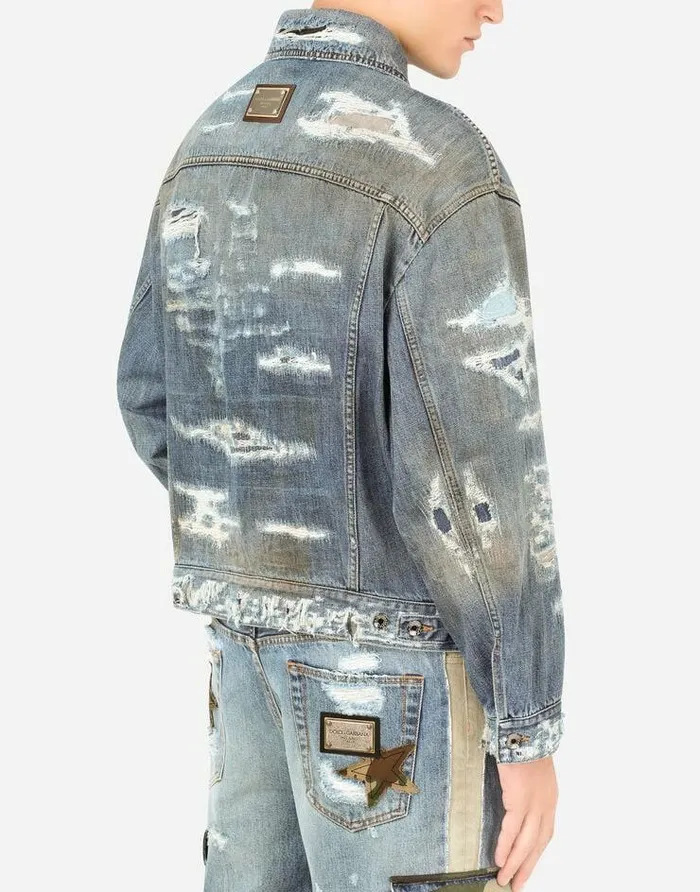 Dolce and Gabbana Denim Men Blue Wash Denim Jacket With Rips Multicolor Dolce and Gabbana Denim Men Blue Wash Denim Jacket With Rips Multicolor