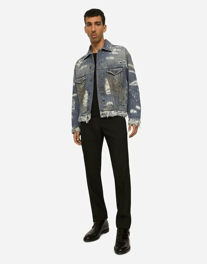 Dolce and Gabbana Denim Men Blue Wash Denim Jacket With Rips Multicolor Dolce and Gabbana Denim Men Blue Wash Denim Jacket With Rips Multicolor