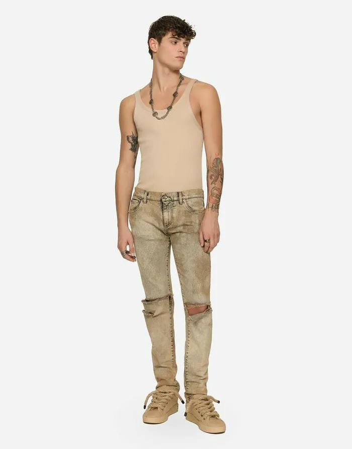 Dolce and Gabbana Denim Men Overdyed Skinny Fit Stretch Jeans With Rips Multicolor Dolce and Gabbana Denim Men Overdyed Skinny Fit Stretch Jeans With Rips Multicolor