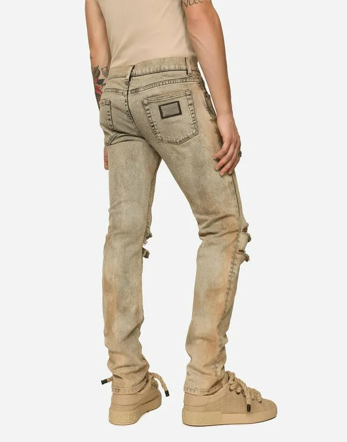Dolce and Gabbana Denim Men Overdyed Skinny Fit Stretch Jeans With Rips Multicolor Dolce and Gabbana Denim Men Overdyed Skinny Fit Stretch Jeans With Rips Multicolor