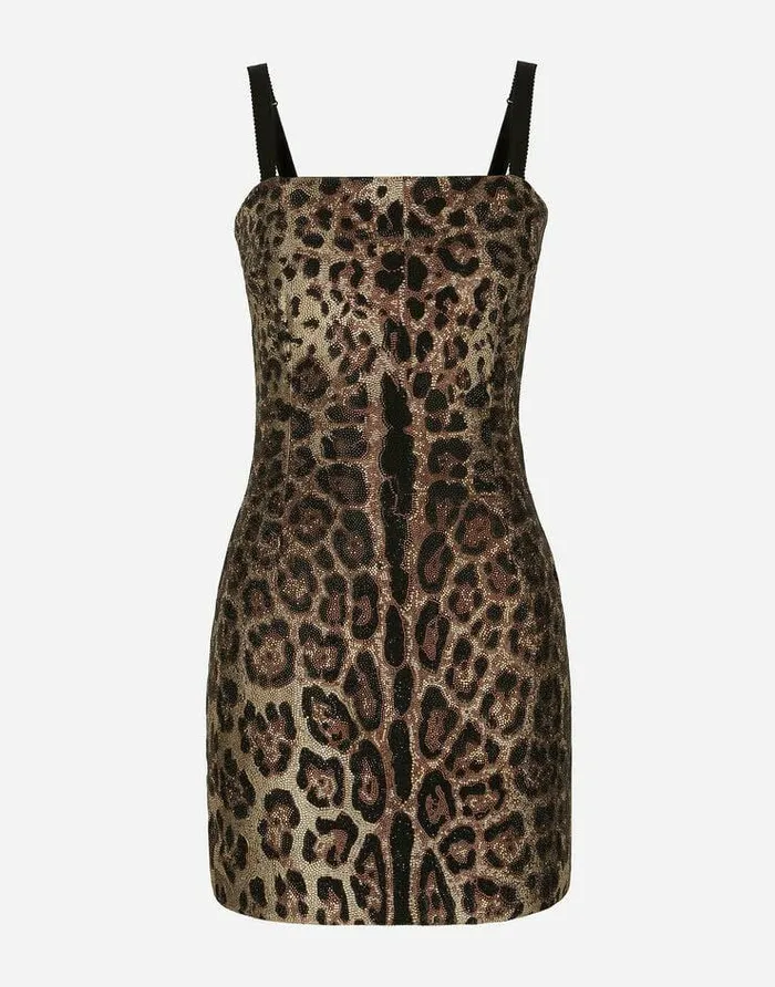 Dolce and Gabbana Dresses Women Leopardprint Jersey Minidress With Fusible Rhinestones Multicolor