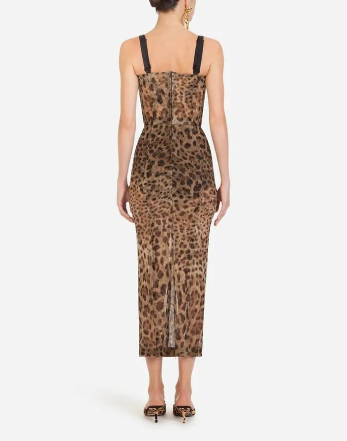 Dolce and Gabbana Dresses Women Longuette Tulle Dress With Leopard Print Multicolor Dolce and Gabbana Dresses Women Longuette Tulle Dress With Leopard Print Multicolor