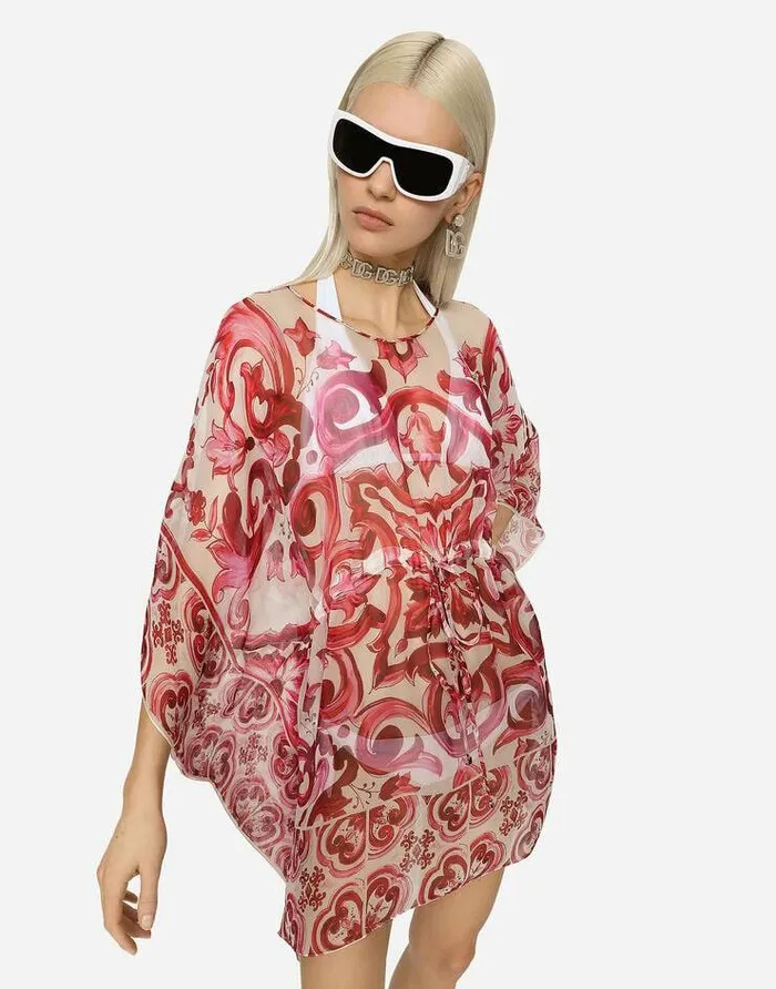 Dolce and Gabbana Dresses Women Short Majolicaprint Chiffon Caftan Multicolor Dolce and Gabbana Dresses Women Short Majolicaprint Chiffon Caftan Multicolor