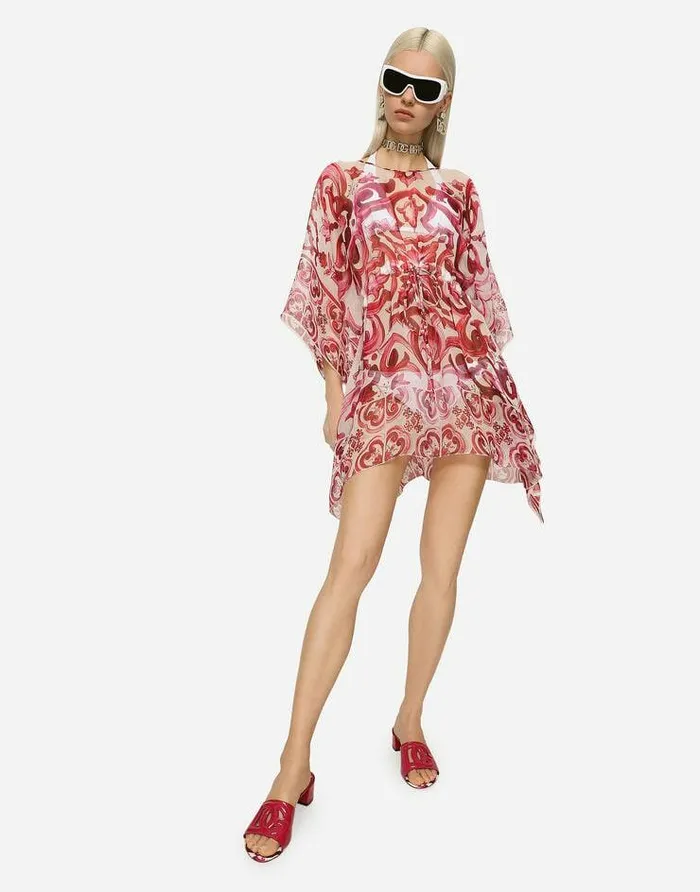 Dolce and Gabbana Dresses Women Short Majolicaprint Chiffon Caftan Multicolor Dolce and Gabbana Dresses Women Short Majolicaprint Chiffon Caftan Multicolor
