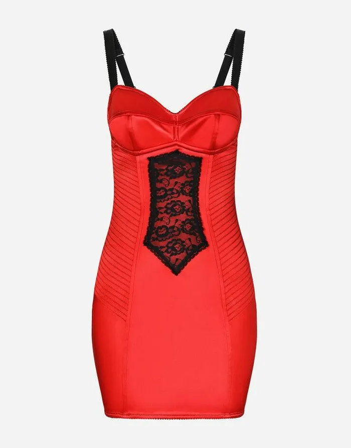 Dolce and Gabbana Dresses Women Short Satin Dress With Lace Details Red