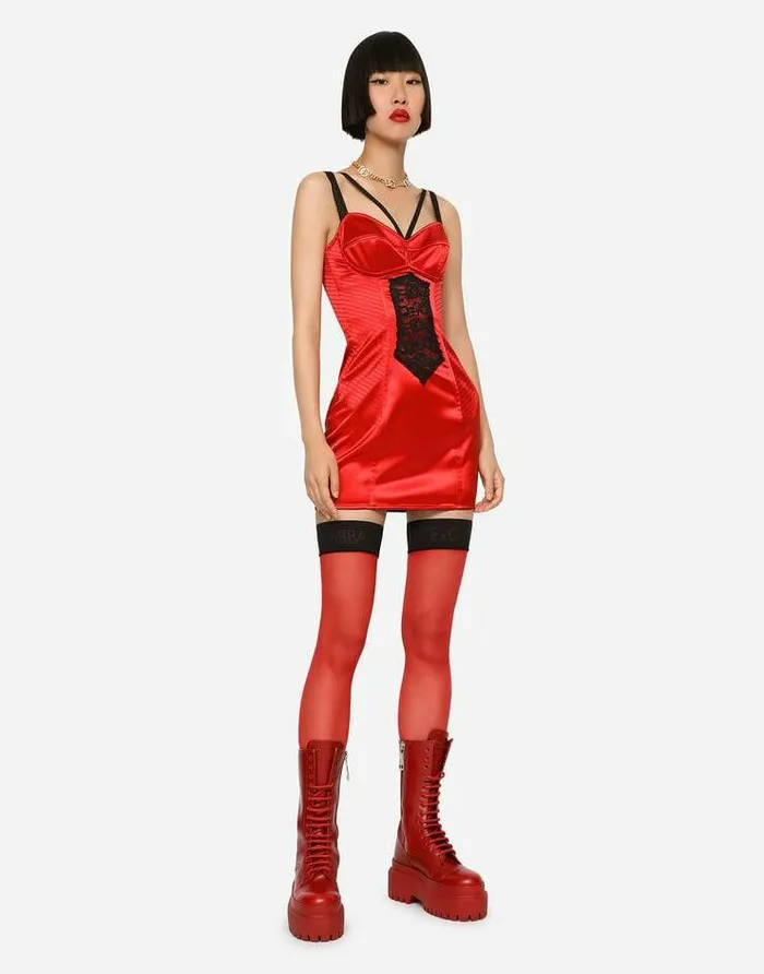 Dolce and Gabbana Dresses Women Short Satin Dress With Lace Details Red Dolce and Gabbana Dresses Women Short Satin Dress With Lace Details Red