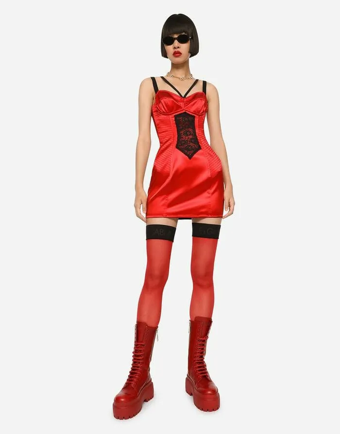 Dolce and Gabbana Dresses Women Short Satin Dress With Lace Details Red Dolce and Gabbana Dresses Women Short Satin Dress With Lace Details Red