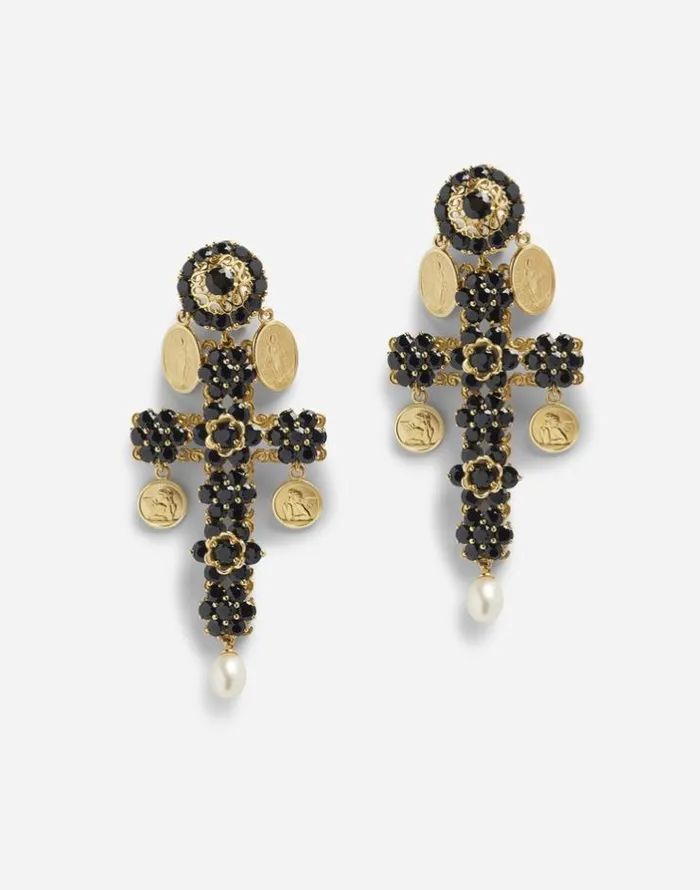 Dolce and Gabbana Earrings Women Cross Earrings With Sapphires And Medallions Goldblack
