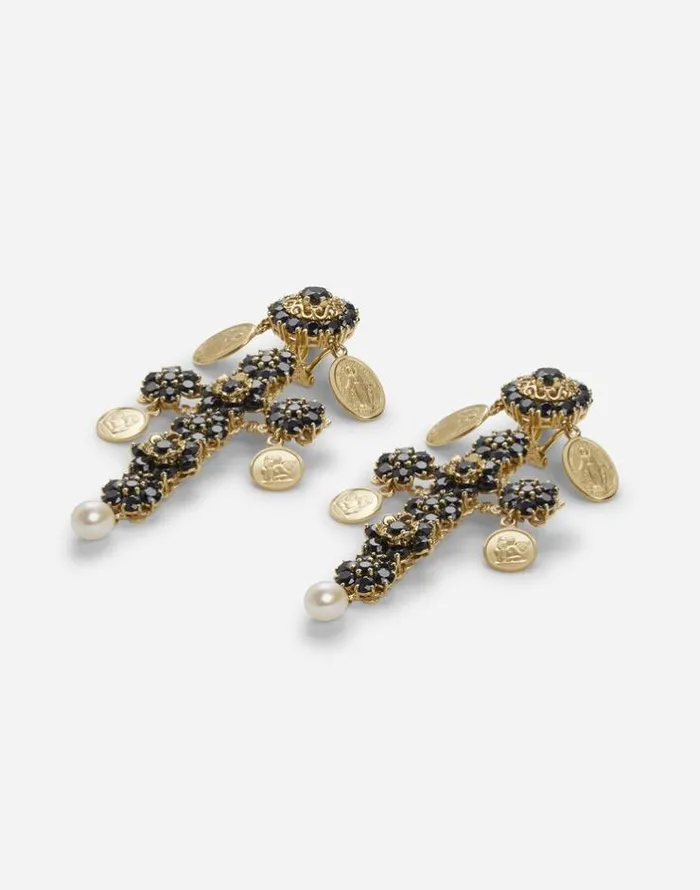 Dolce and Gabbana Earrings Women Cross Earrings With Sapphires And Medallions Goldblack Dolce and Gabbana Earrings Women Cross Earrings With Sapphires And Medallions Goldblack