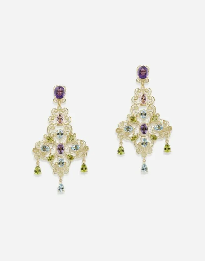 Dolce and Gabbana Earrings Women Pizzo Earrings In Yellow Gold Filigree With Amethysts Aquamarines Peridots And Morganites Gold Dolce and Gabbana Earrings Women Pizzo Earrings In Yellow Gold Filigree With Amethysts Aquamarines Peridots And Morganites Gold