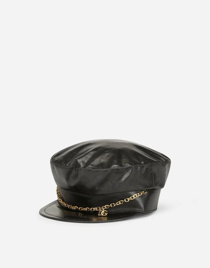 Dolce and Gabbana Hats And Gloves Women Baker Boy Hat With DG Logo Chain Black