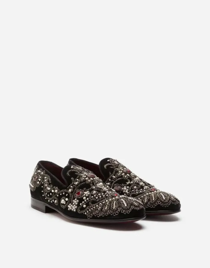 Dolce and Gabbana Loafers And Moccasins Men Velvet Slippers With Embroidery Turtle Dove Dolce and Gabbana Loafers And Moccasins Men Velvet Slippers With Embroidery Turtle Dove