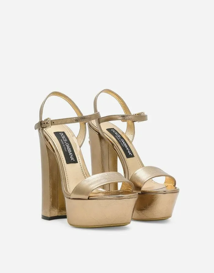 Dolce and Gabbana Sandals And Wedges Women Foiled Craquel Calfskin Platform Sandals Gold Dolce and Gabbana Sandals And Wedges Women Foiled Craquel Calfskin Platform Sandals Gold