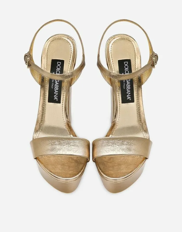 Dolce and Gabbana Sandals And Wedges Women Foiled Craquel Calfskin Platform Sandals Gold Dolce and Gabbana Sandals And Wedges Women Foiled Craquel Calfskin Platform Sandals Gold