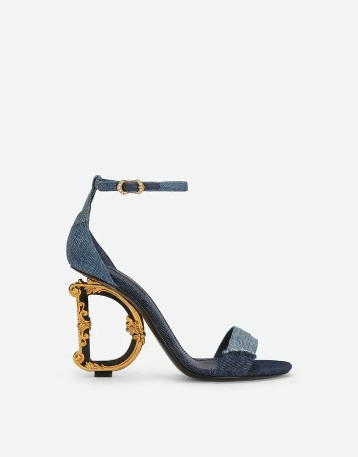 Dolce and Gabbana Sandals And Wedges Women Patchwork Denim Sandals With Baroque DG Heel Denim Dolce and Gabbana Sandals And Wedges Women Patchwork Denim Sandals With Baroque DG Heel Denim
