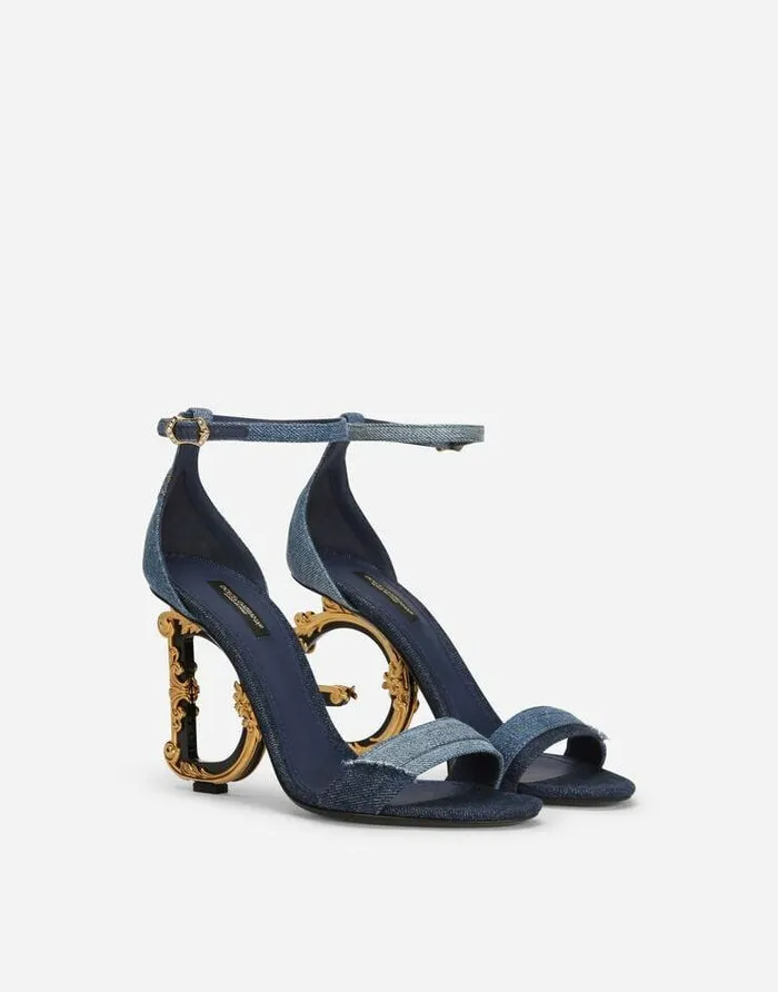 Dolce and Gabbana Sandals And Wedges Women Patchwork Denim Sandals With Baroque DG Heel Denim Dolce and Gabbana Sandals And Wedges Women Patchwork Denim Sandals With Baroque DG Heel Denim