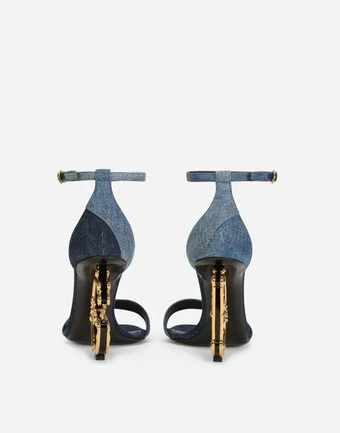 Dolce and Gabbana Sandals And Wedges Women Patchwork Denim Sandals With Baroque DG Heel Denim Dolce and Gabbana Sandals And Wedges Women Patchwork Denim Sandals With Baroque DG Heel Denim