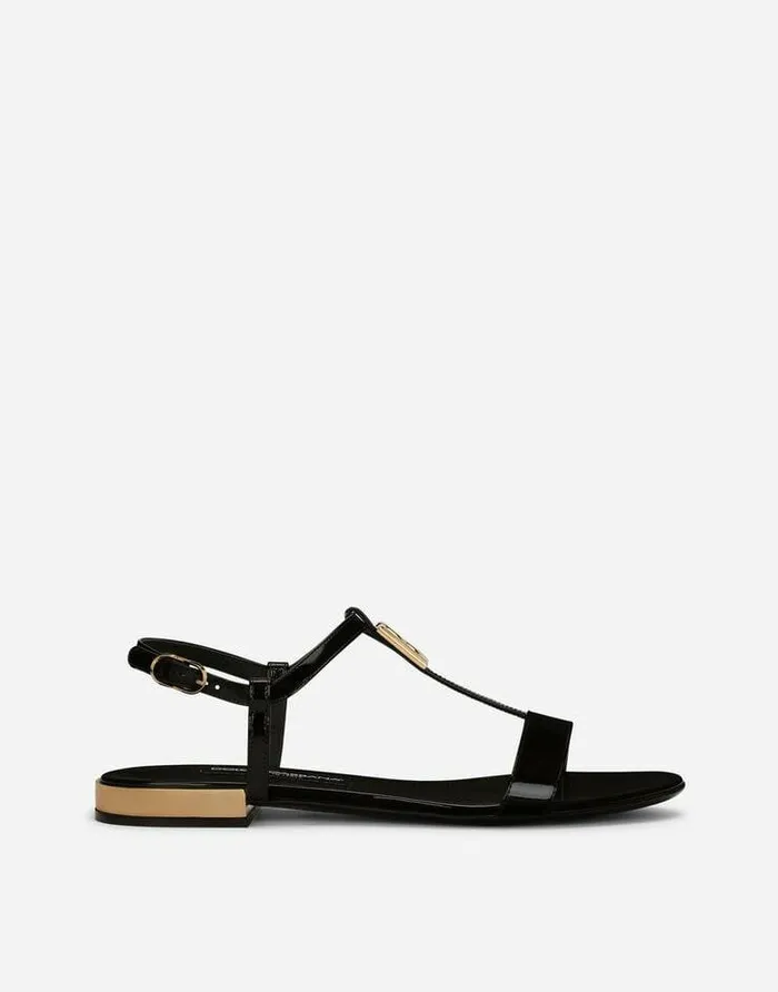 Dolce and Gabbana Sandals And Wedges Women Polished Calfskin Sandals With DG Logo Black Dolce and Gabbana Sandals And Wedges Women Polished Calfskin Sandals With DG Logo Black