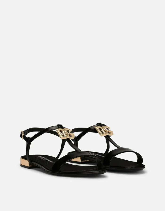 Dolce and Gabbana Sandals And Wedges Women Polished Calfskin Sandals With DG Logo Black Dolce and Gabbana Sandals And Wedges Women Polished Calfskin Sandals With DG Logo Black