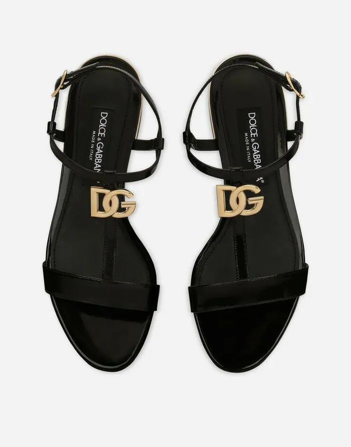 Dolce and Gabbana Sandals And Wedges Women Polished Calfskin Sandals With DG Logo Black Dolce and Gabbana Sandals And Wedges Women Polished Calfskin Sandals With DG Logo Black