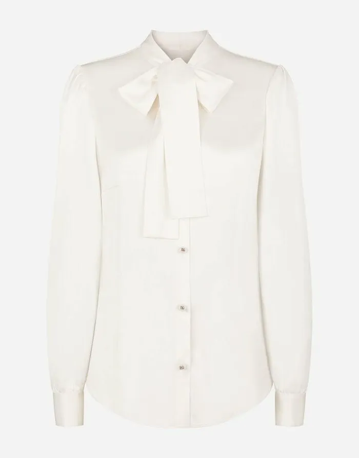 Dolce and Gabbana Shirts And Tops Women Satin Shirt With Pearl Buttons With DG Logo White Dolce and Gabbana Shirts And Tops Women Satin Shirt With Pearl Buttons With DG Logo White