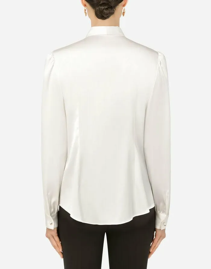 Dolce and Gabbana Shirts And Tops Women Satin Shirt With Pearl Buttons With DG Logo White Dolce and Gabbana Shirts And Tops Women Satin Shirt With Pearl Buttons With DG Logo White