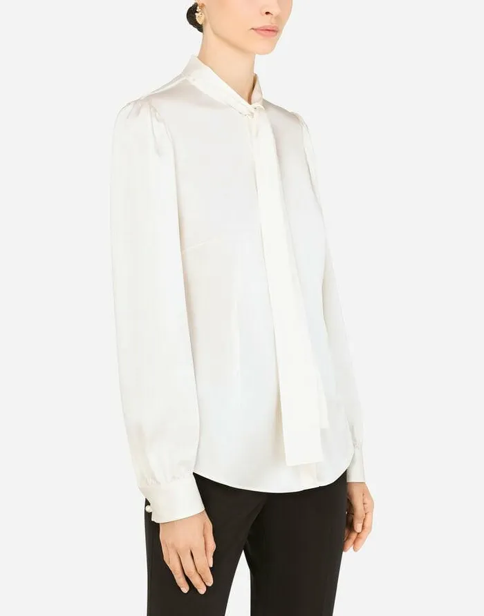 Dolce and Gabbana Shirts And Tops Women Satin Shirt With Pearl Buttons With DG Logo White Dolce and Gabbana Shirts And Tops Women Satin Shirt With Pearl Buttons With DG Logo White