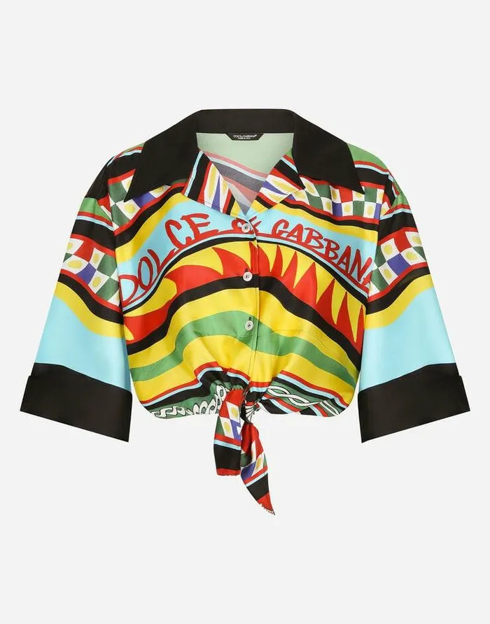 Dolce and Gabbana Shirts And Tops Women Short Carrettoprint Twill Shirt With Knot Detail Multicolor Dolce and Gabbana Shirts And Tops Women Short Carrettoprint Twill Shirt With Knot Detail Multicolor