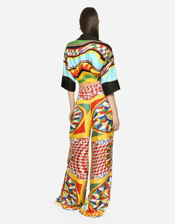 Dolce and Gabbana Shirts And Tops Women Short Carrettoprint Twill Shirt With Knot Detail Multicolor Dolce and Gabbana Shirts And Tops Women Short Carrettoprint Twill Shirt With Knot Detail Multicolor
