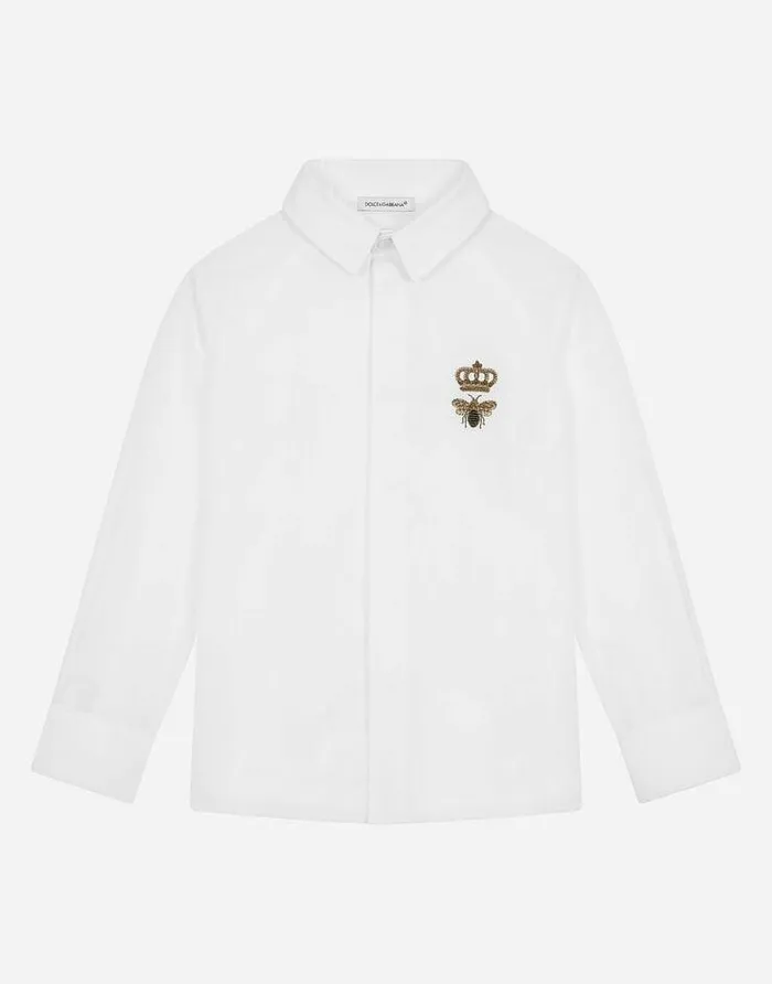 Dolce and Gabbana Shirts Children Poplin Shirt With Bee Embellishment White