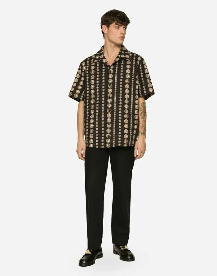 Dolce and Gabbana Shirts Men Coin Print Stretch Drill Hawaiian Shirt Black Dolce and Gabbana Shirts Men Coin Print Stretch Drill Hawaiian Shirt Black
