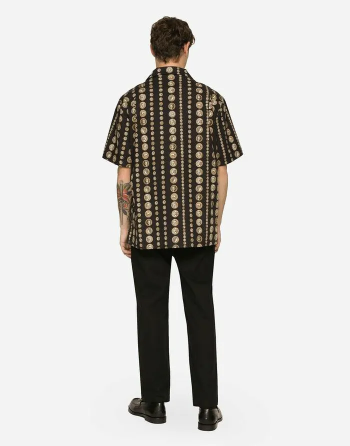 Dolce and Gabbana Shirts Men Coin Print Stretch Drill Hawaiian Shirt Black Dolce and Gabbana Shirts Men Coin Print Stretch Drill Hawaiian Shirt Black