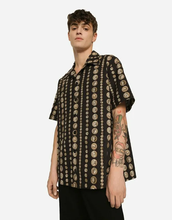 Dolce and Gabbana Shirts Men Coin Print Stretch Drill Hawaiian Shirt Black Dolce and Gabbana Shirts Men Coin Print Stretch Drill Hawaiian Shirt Black