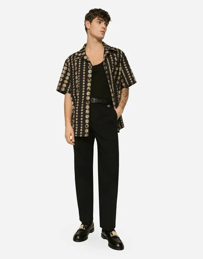 Dolce and Gabbana Shirts Men Coin Print Stretch Drill Hawaiian Shirt Black Dolce and Gabbana Shirts Men Coin Print Stretch Drill Hawaiian Shirt Black