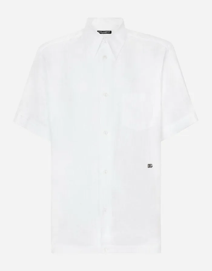 Dolce and Gabbana Shirts Men Linen Hawaiian Shirt With DG Hardware White