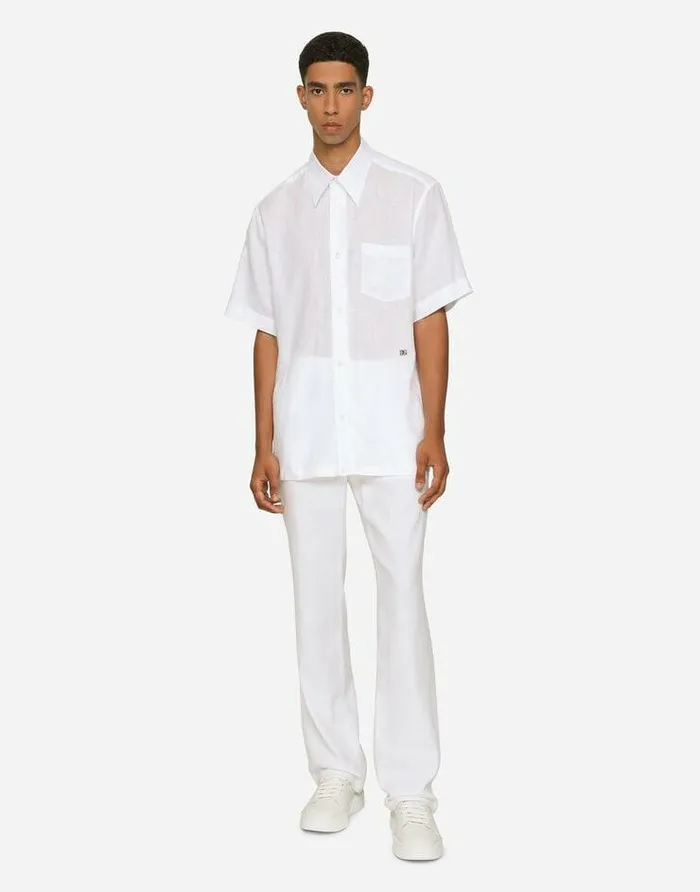 Dolce and Gabbana Shirts Men Linen Hawaiian Shirt With DG Hardware White Dolce and Gabbana Shirts Men Linen Hawaiian Shirt With DG Hardware White