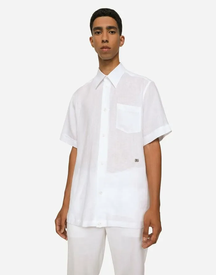 Dolce and Gabbana Shirts Men Linen Hawaiian Shirt With DG Hardware White Dolce and Gabbana Shirts Men Linen Hawaiian Shirt With DG Hardware White