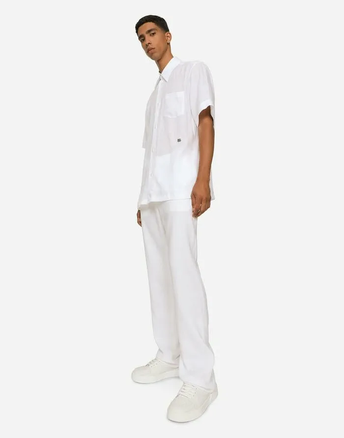 Dolce and Gabbana Shirts Men Linen Hawaiian Shirt With DG Hardware White Dolce and Gabbana Shirts Men Linen Hawaiian Shirt With DG Hardware White