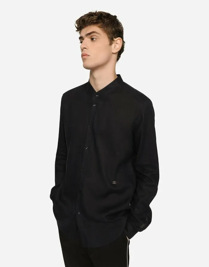 Dolce and Gabbana Shirts Men Linen Martinifit Shirt With DG Hardware Blue