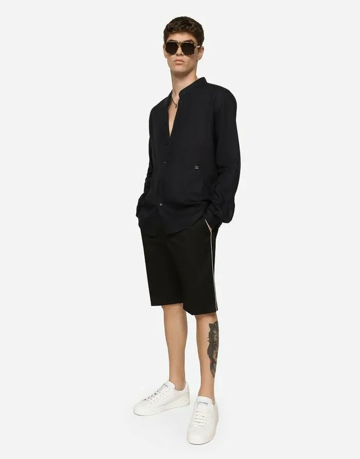 Dolce and Gabbana Shirts Men Linen Martinifit Shirt With DG Hardware Blue