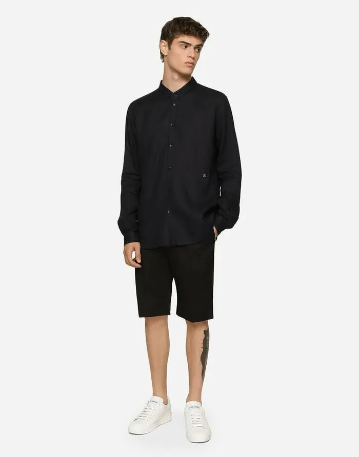 Dolce and Gabbana Shirts Men Linen Martinifit Shirt With DG Hardware Blue